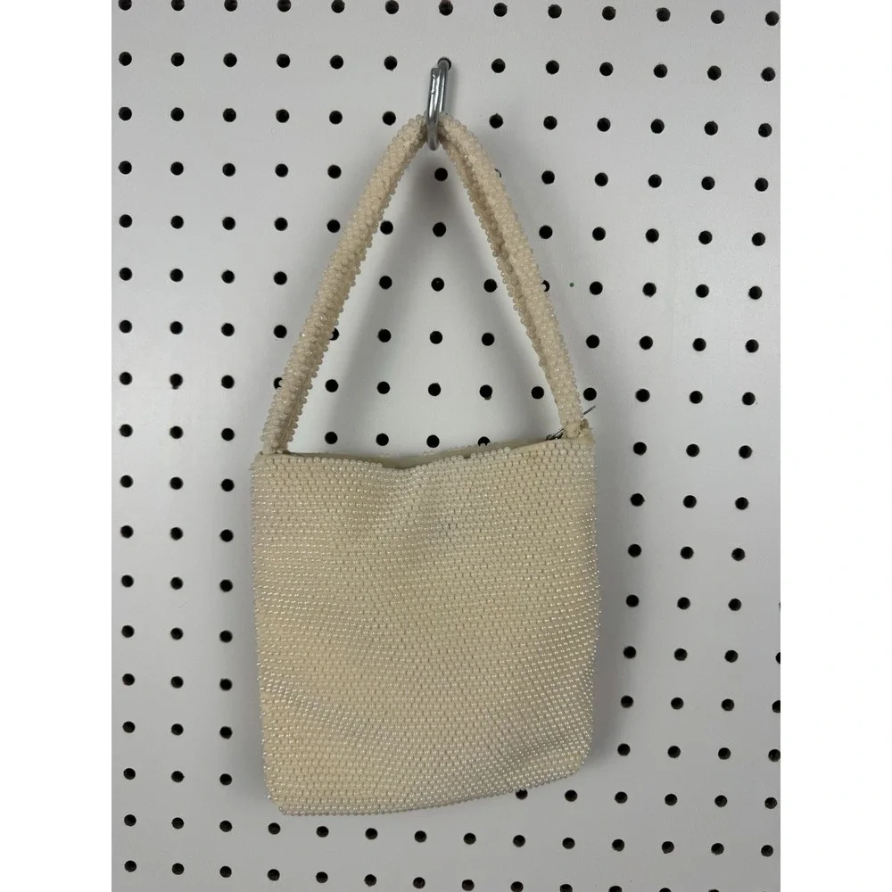 Vtg 1960s Beaded Cream Evening‎ Handbag Handmade Hong Kong Top Handle Purse